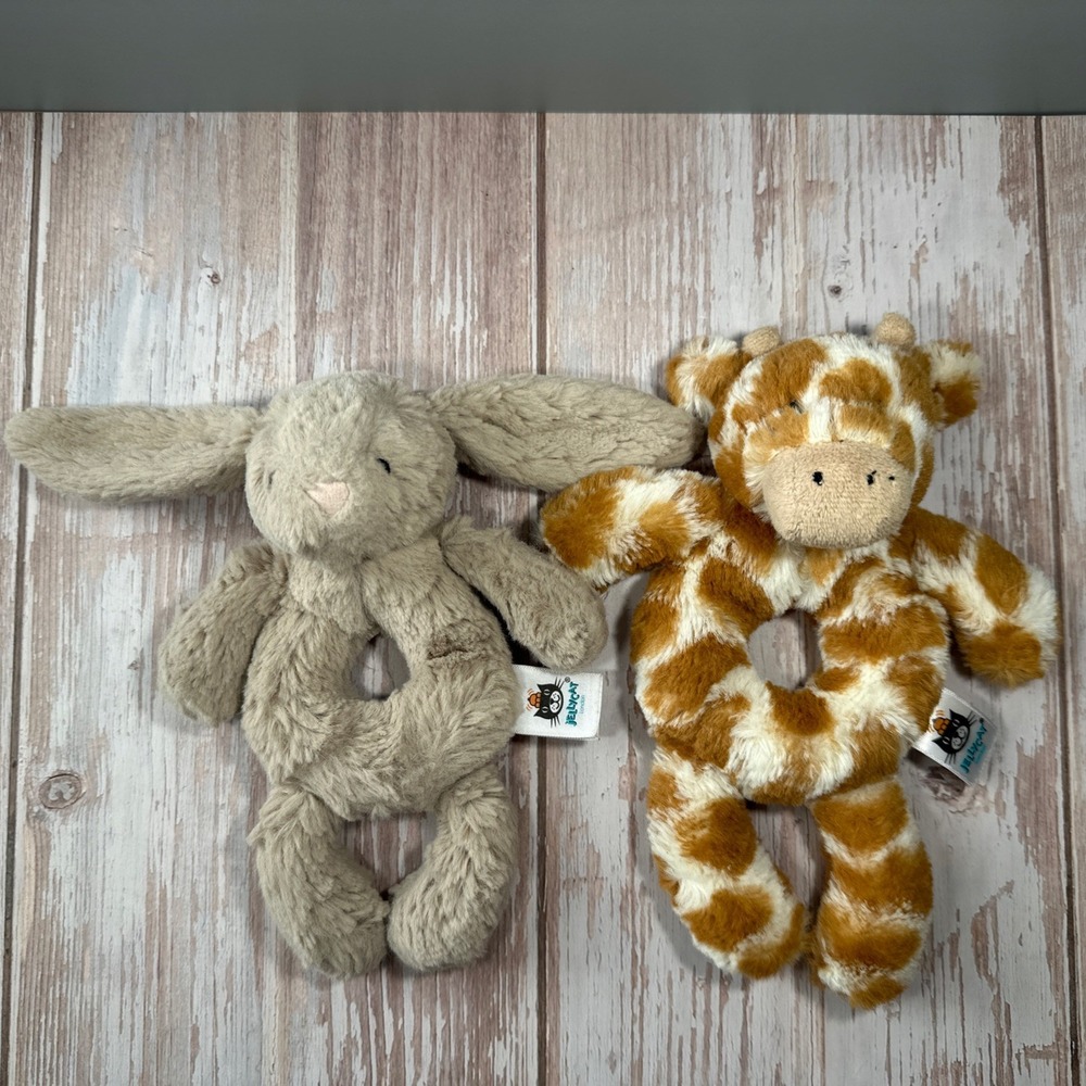 Jellycat London Bashful Bunny Rabbit & Giraffe Plush Rattle Ring Baby Toy 7" Lot